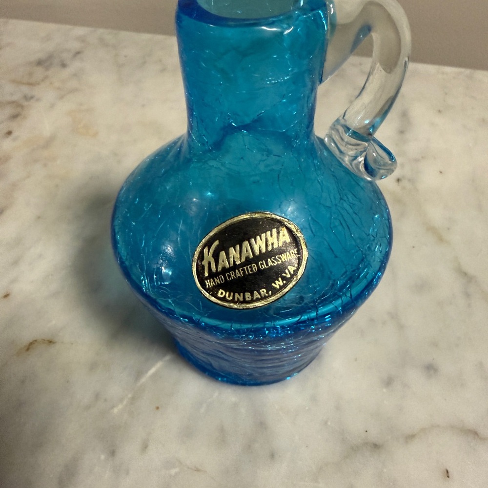 Vintage Kanawha blue Crackle Glass mini pitcher Dunbar WV Handblown